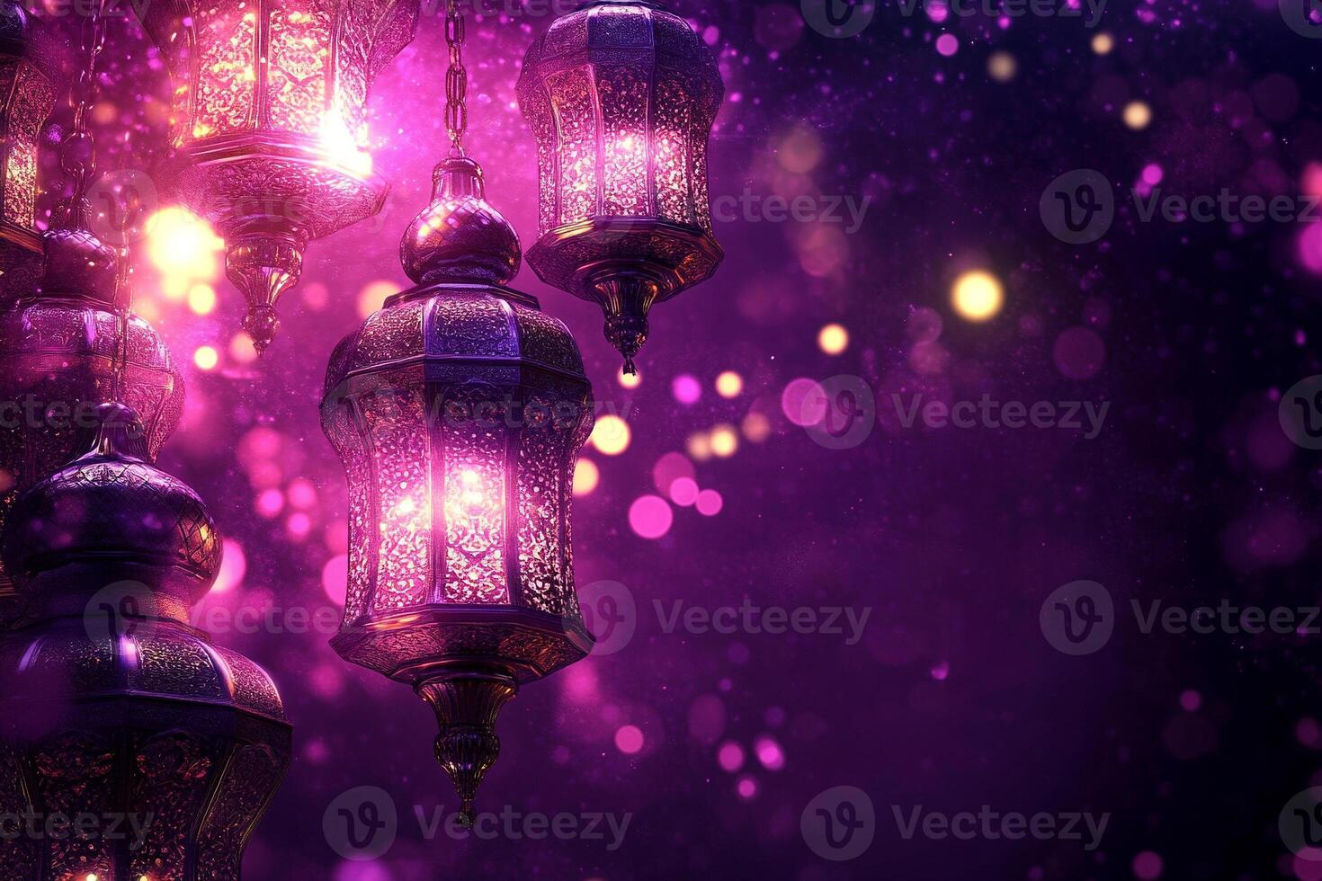 Vibrant purple background featuring intricate decorative lanterns illuminated with bright bokeh lights with copy space photo