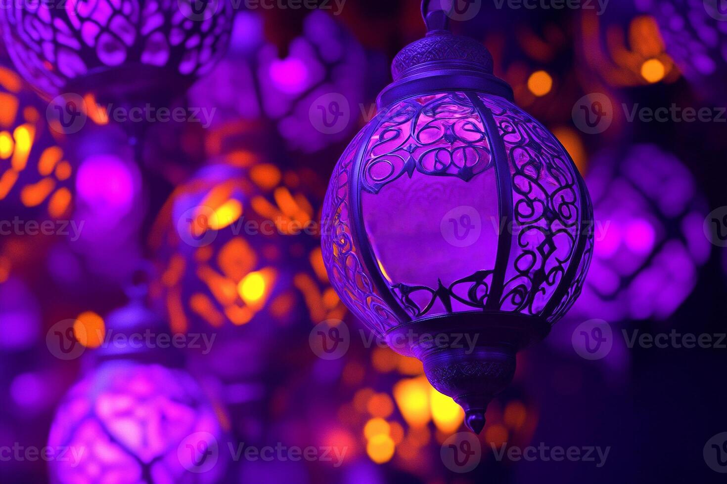 Vibrant purple background featuring intricate decorative lanterns illuminated with bright bokeh lights photo