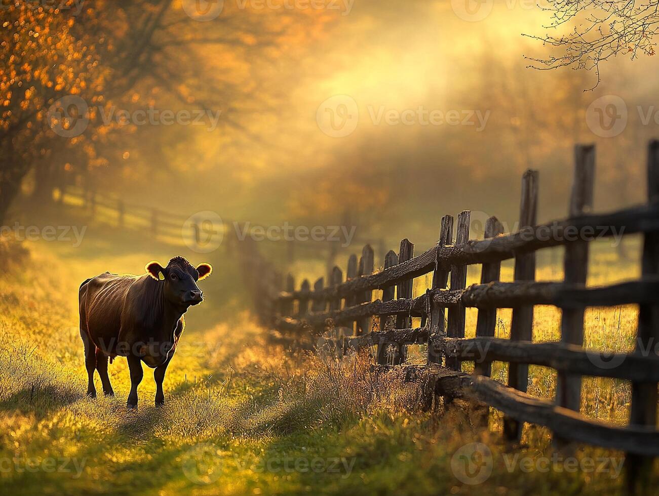 Rustic farm scene with a single cow standing near a wooden fence in soft morning light photo