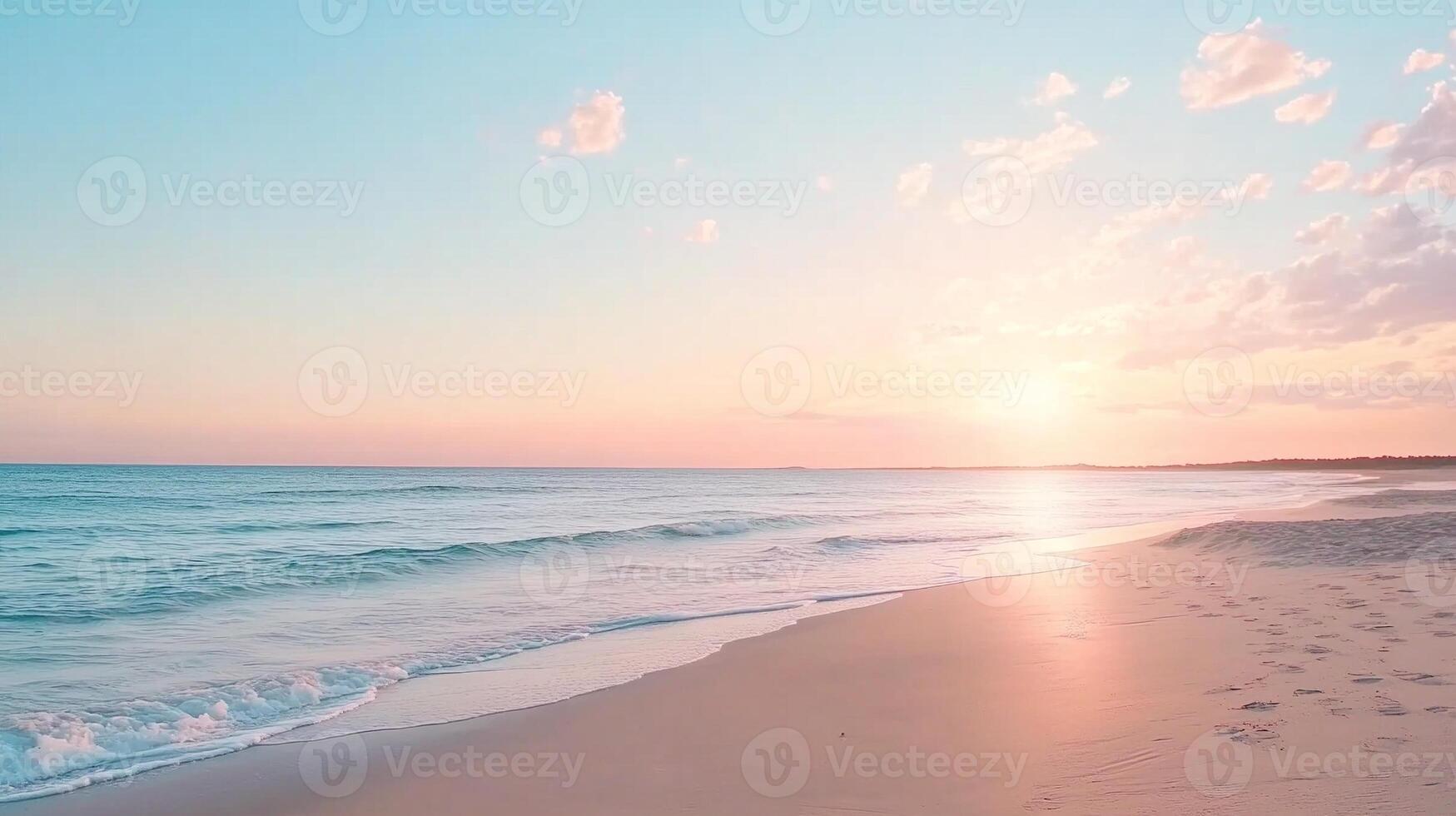 Serene photo of tranquil sandy beach with calm ocean waves during vibrant sunrise