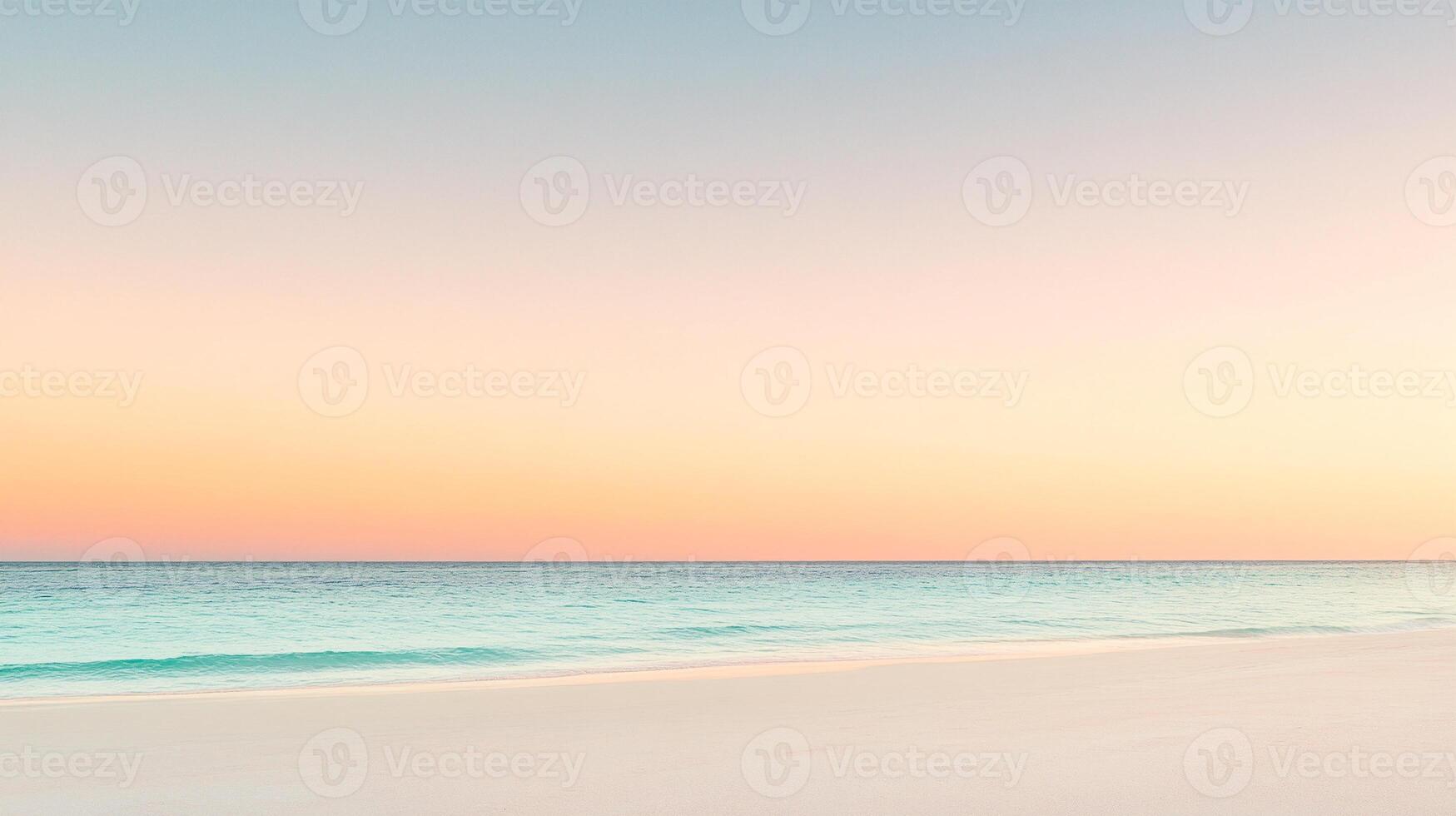 Serene photo of tranquil sandy beach with calm ocean waves during a vibrant sunrise
