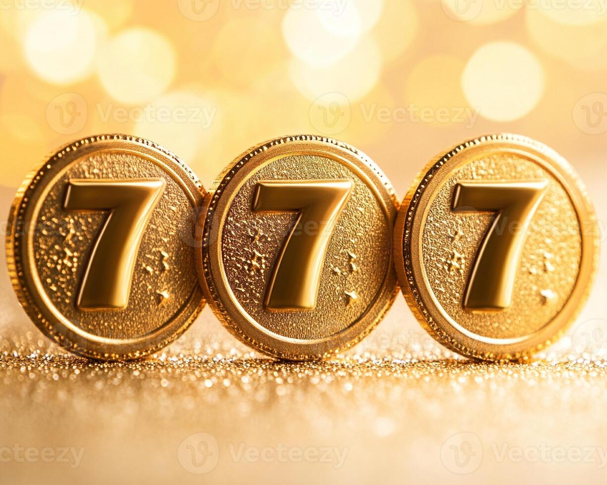 Triple golden coins with number seven highlighted on a shimmering golden background for luck and prosperity photo