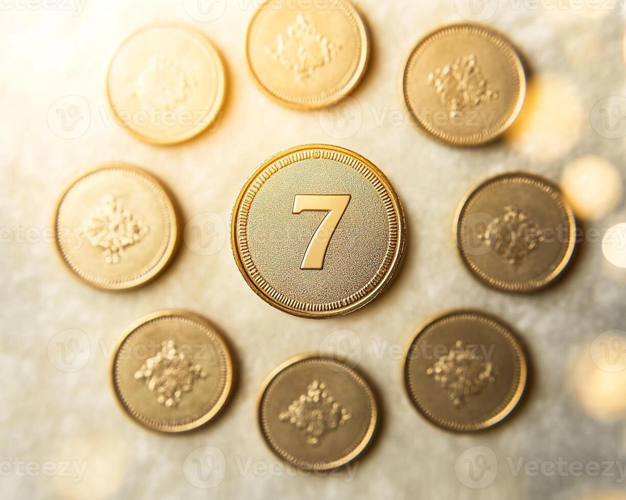 golden coins arranged with a central coin featuring the number 7 in a shiny metallic finish photo