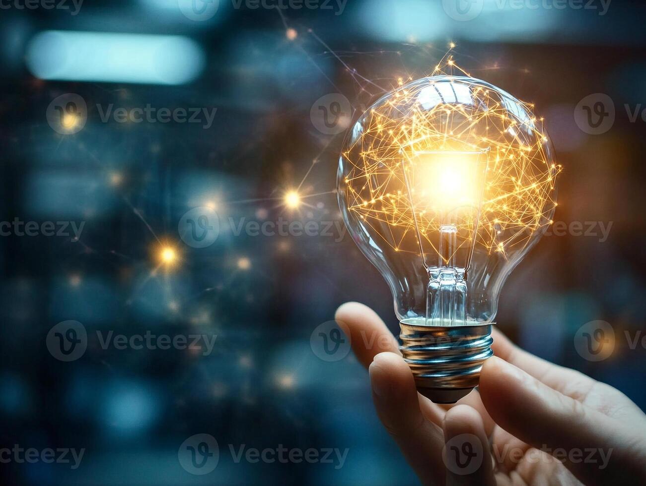 Glowing lightbulb held in hand with intricate golden light trails representing ideas innovation and creativity copyspace photo