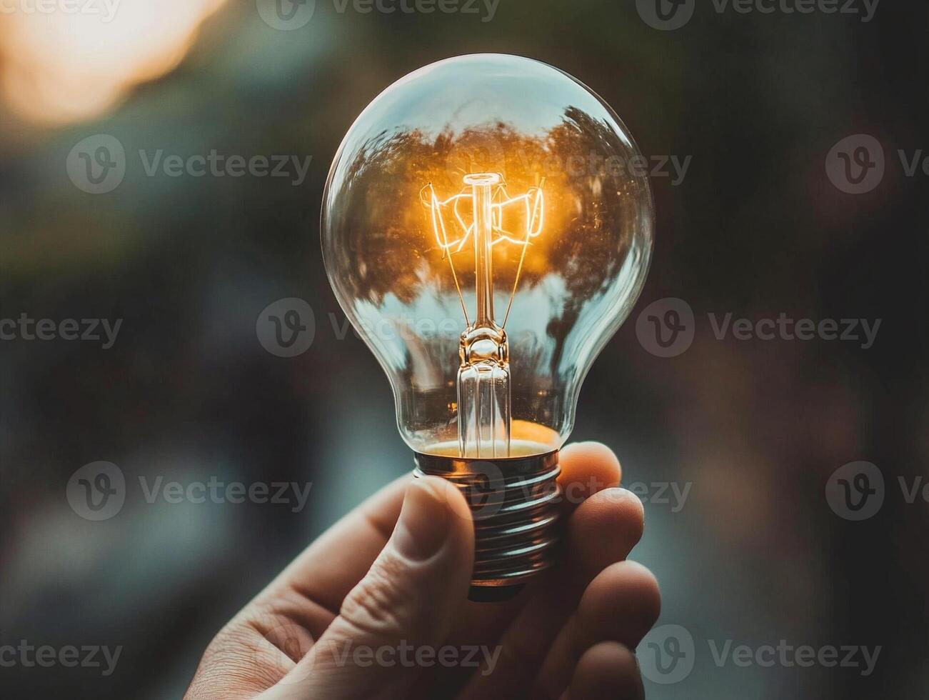 Glowing lightbulb held in hand with intricate golden light trails representing ideas innovation and creativity blurry background photo