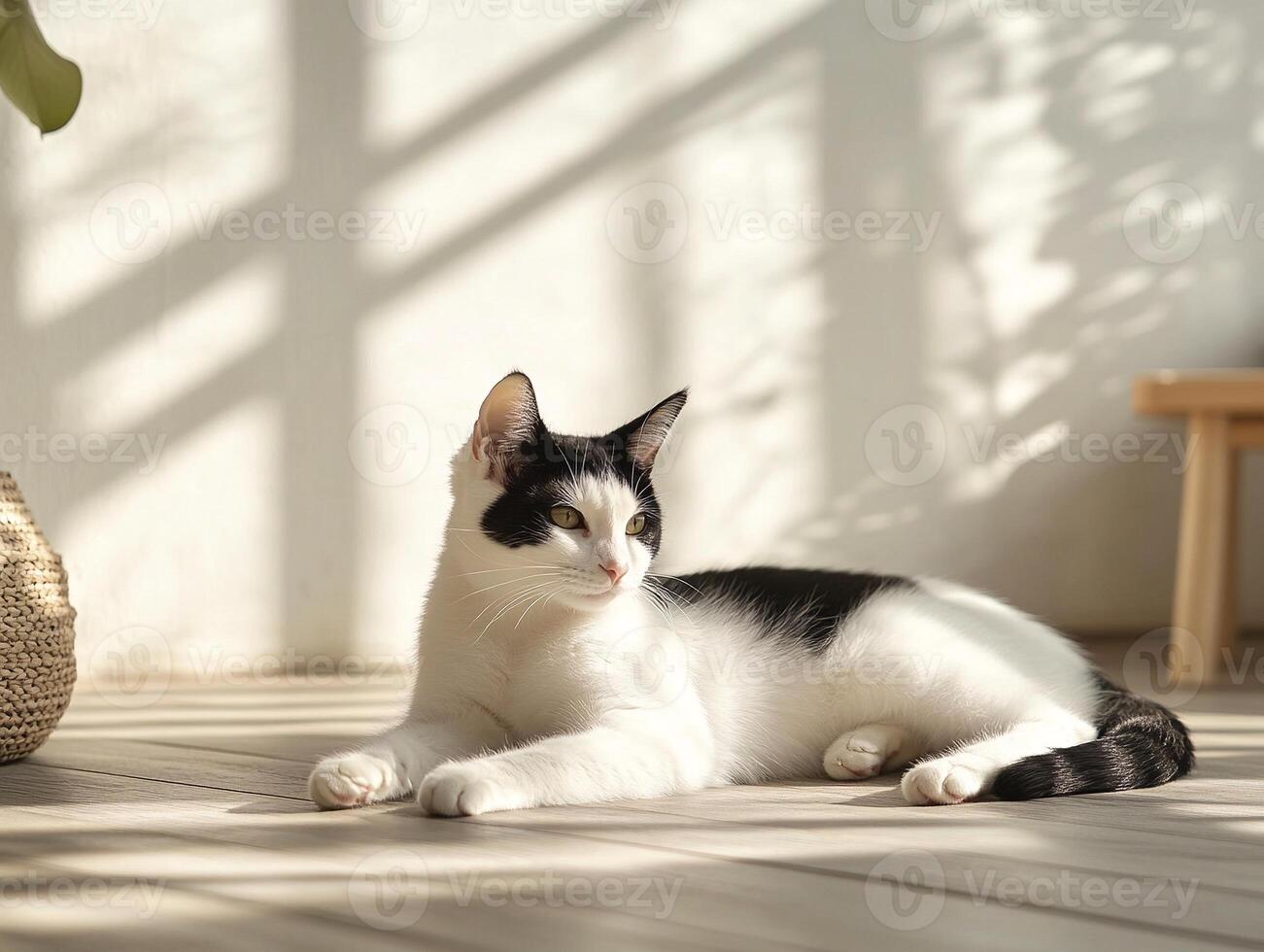 Black and white cat basking in warm sunlight on wooden floor in a rustic home interior photo