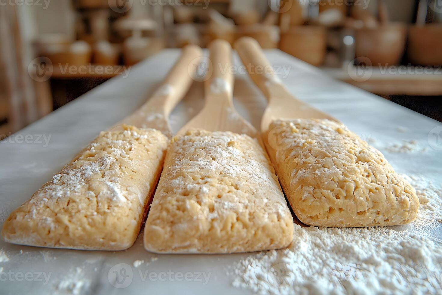 Rustic Baking Scene with Wooden Spatulas and Flour-Dusted Dough on Marble Surface photo