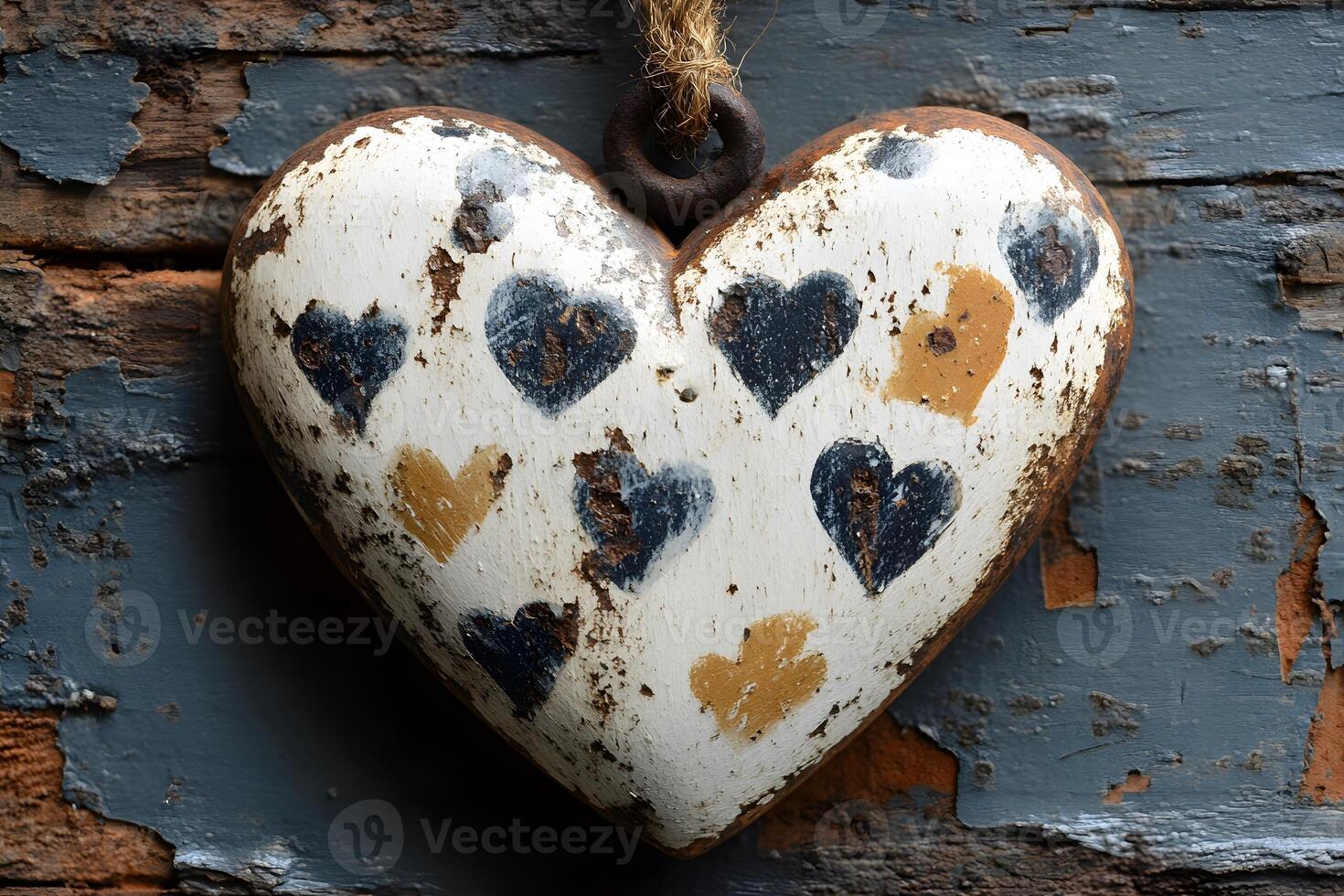 Rustic Painted Heart with Multicolored Pattern on Weathered Wooden Surface photo