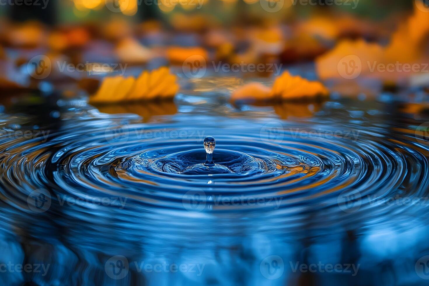 otoño serenidad gotita ondas en tranquilo agua superficie rodeado por otoño hojas foto