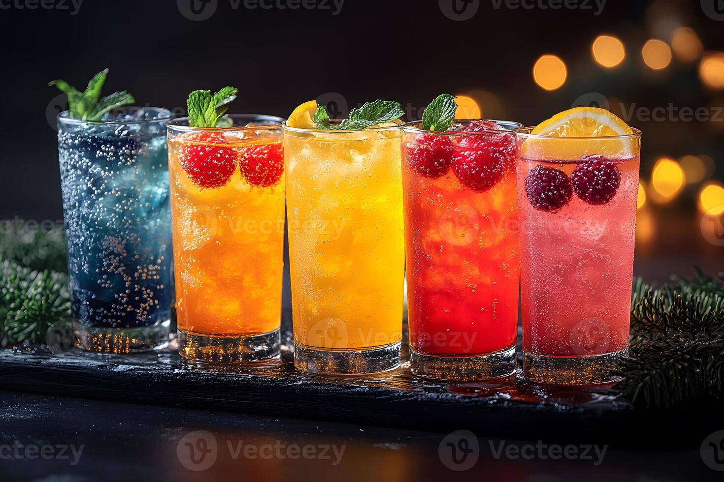 Colorful Holiday Cocktail Selection with Bokeh Lights for Festive Celebrations photo