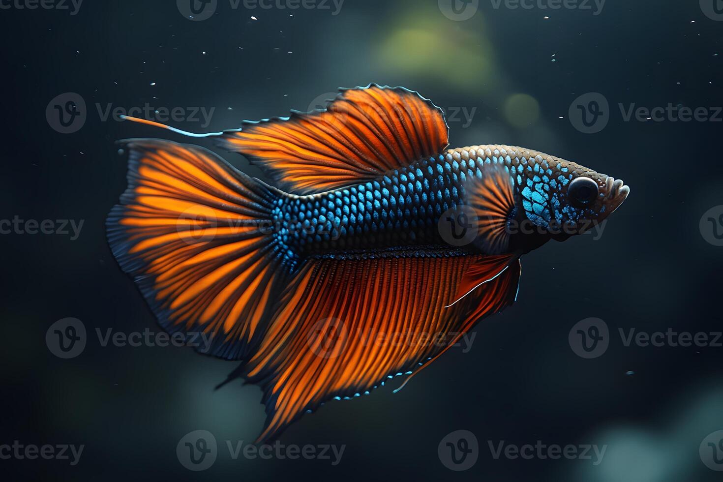 Vibrant Betta Fish with Striking Orange and Blue Fins in Underwater Scene photo