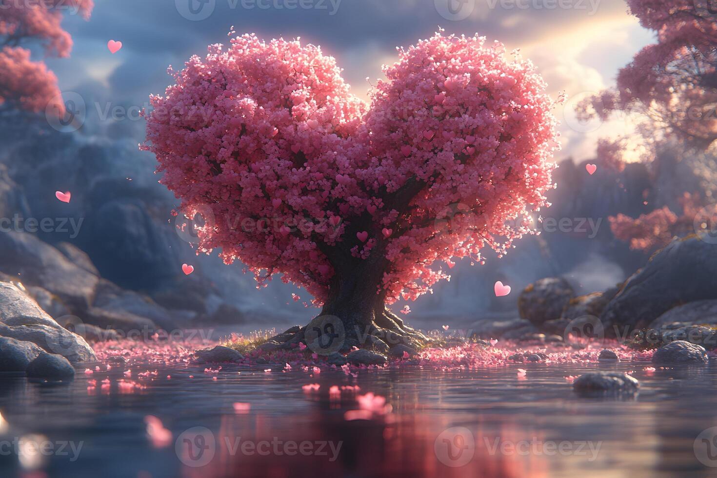 Enchanting Heart-Shaped Tree in Blooming Spring Fantasy Landscape for Nature-Themed Design photo