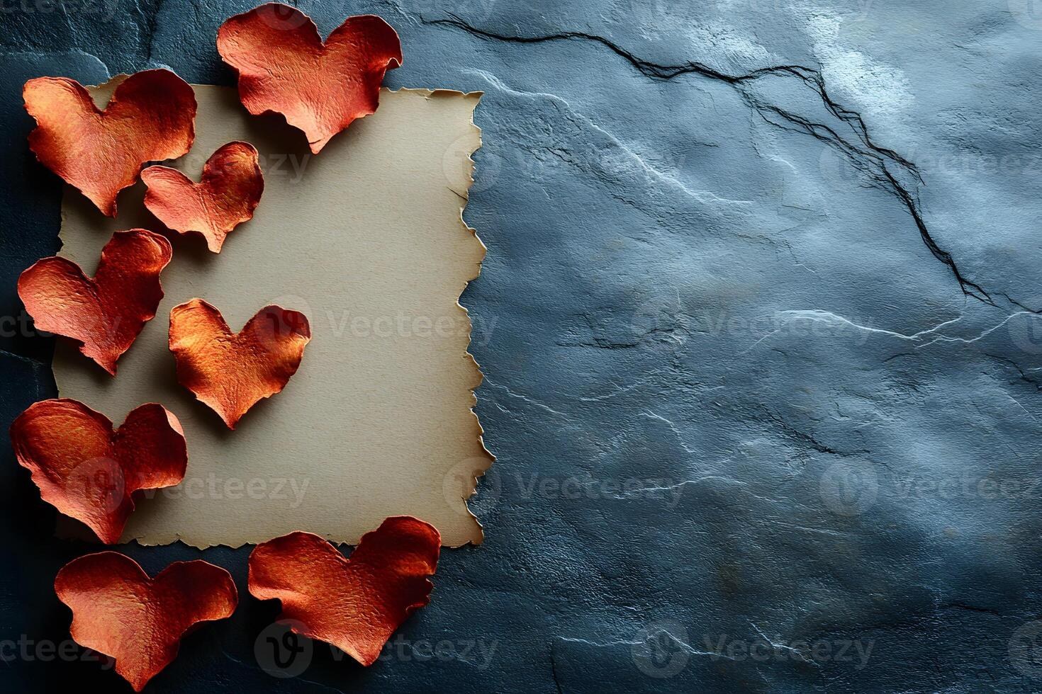 Romantic Autumn-Themed Background with Red Heart Petals on Stone Texture for Greeting Cards photo