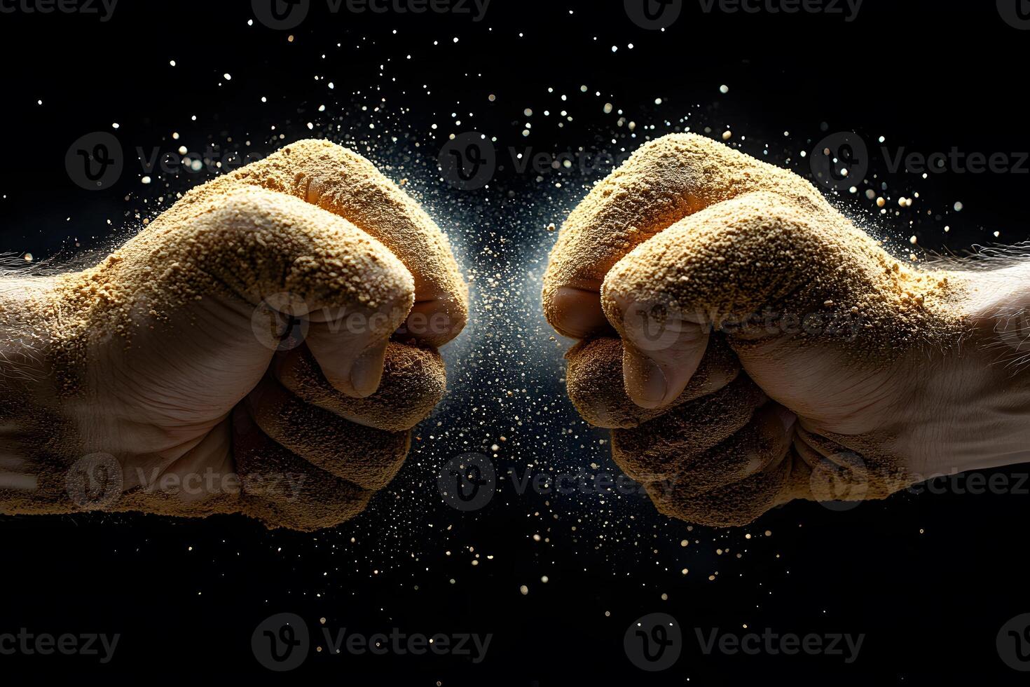 Dynamic Clash of Fists Covered in Sand with Explosive Energy photo