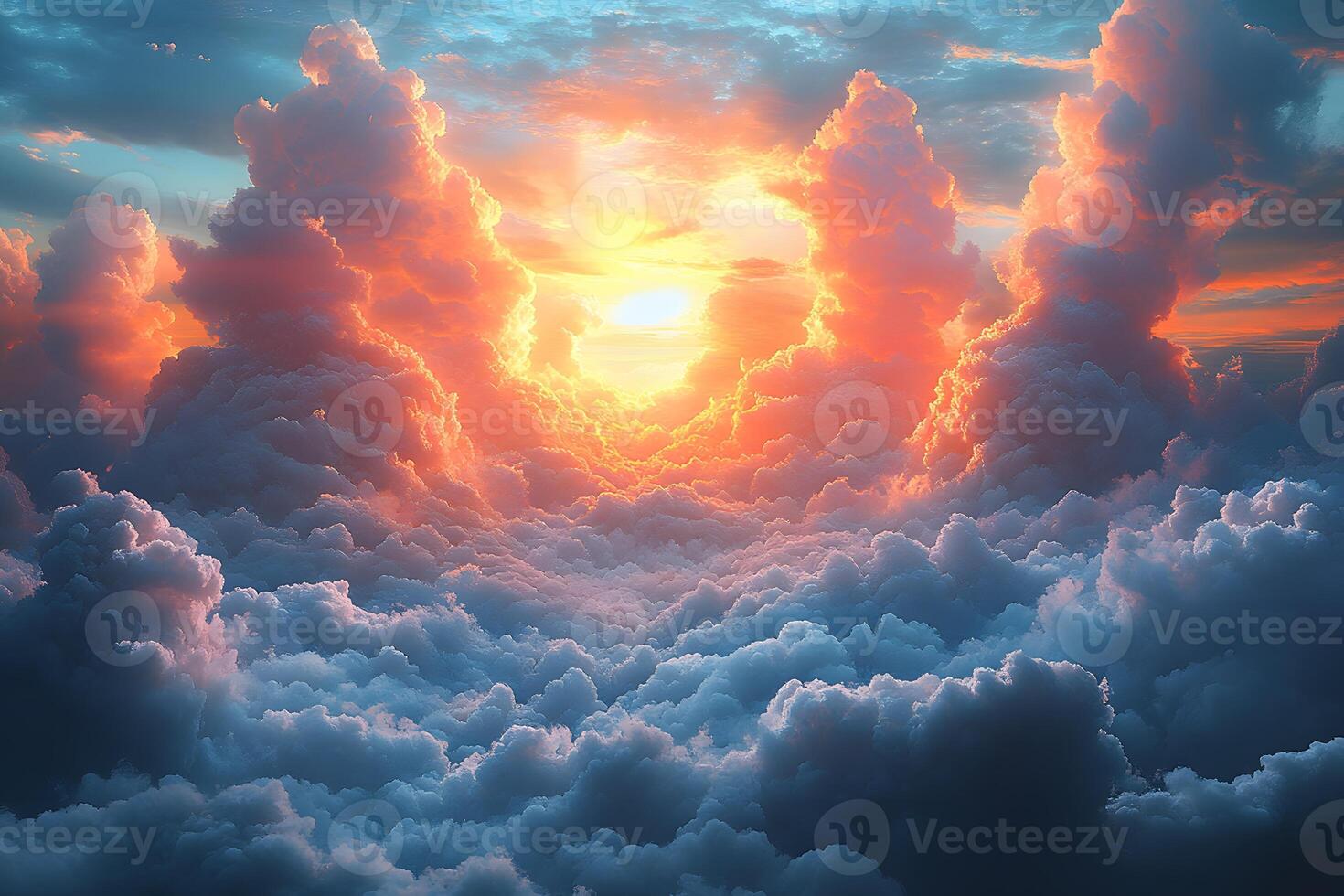 Dramatic Sunset Sky with Majestic Cumulus Clouds Illuminated by Sunlight photo