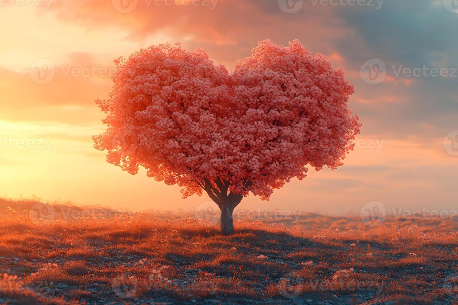 Heart-Shaped Tree at Sunset - Symbol of Love and Nature in Serene Landscape photo