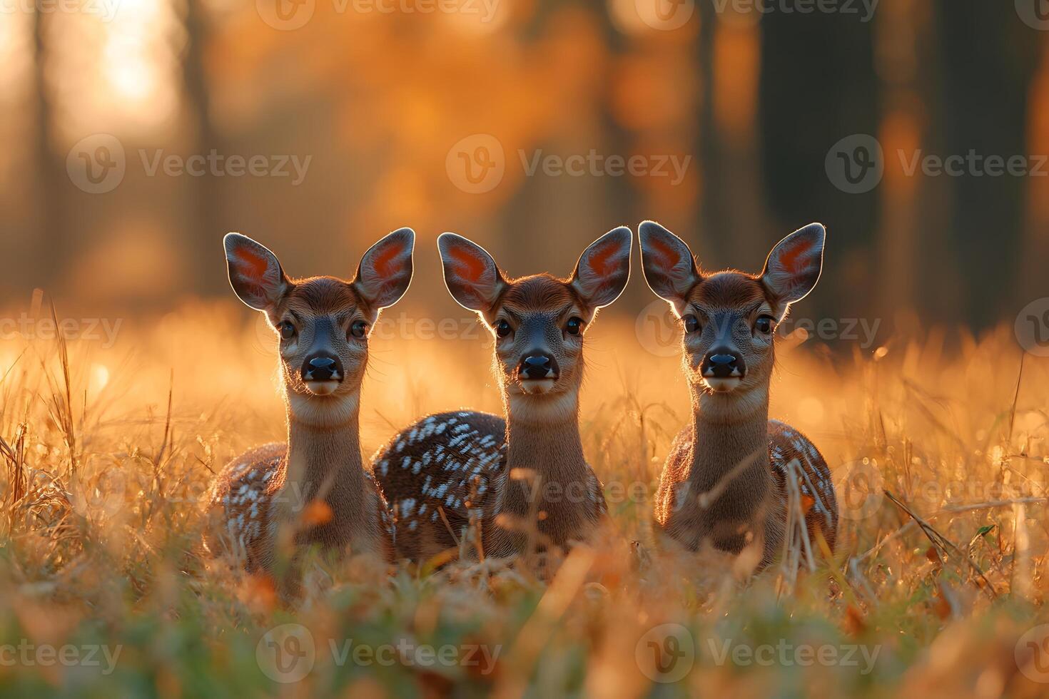 Autumn Wildlife Trio Three Fawns in Golden Hour Forest Scene photo