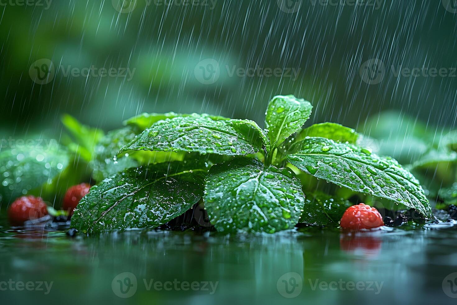 Fresh Mint Leaves in Rain with Ripe Strawberries - Nature's Refreshing Essence for Stock Photography photo