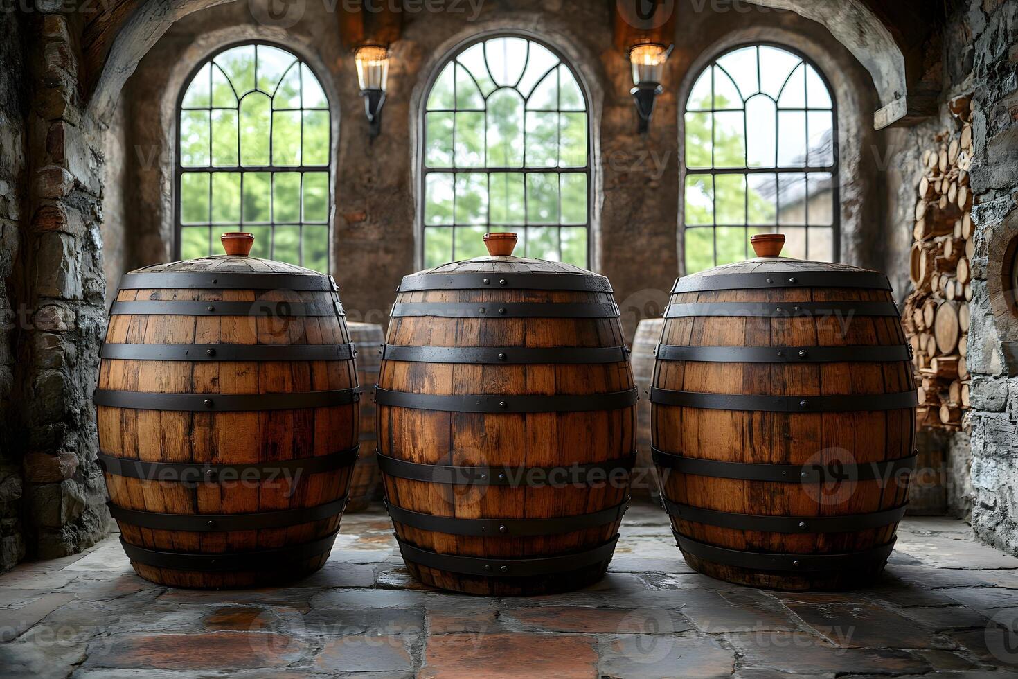 Rustic Winery Barrel Storage Room with Natural Light Filtering Through Arched Windows photo