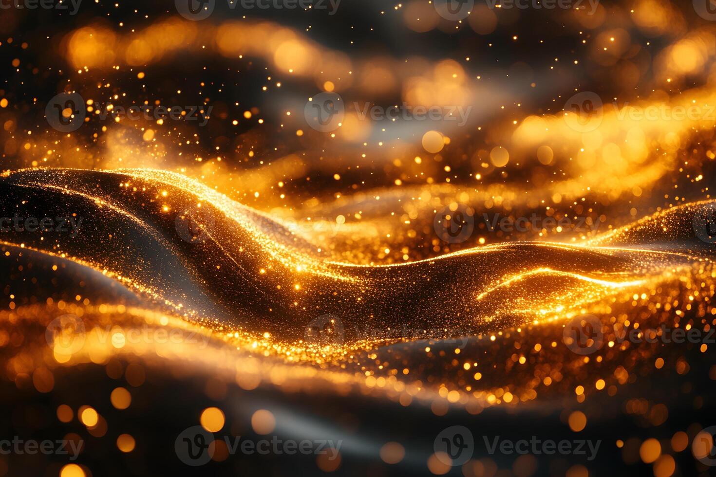 Golden Glowing Particles on Fluid Waves for Luxury Design and Celebration Concepts photo