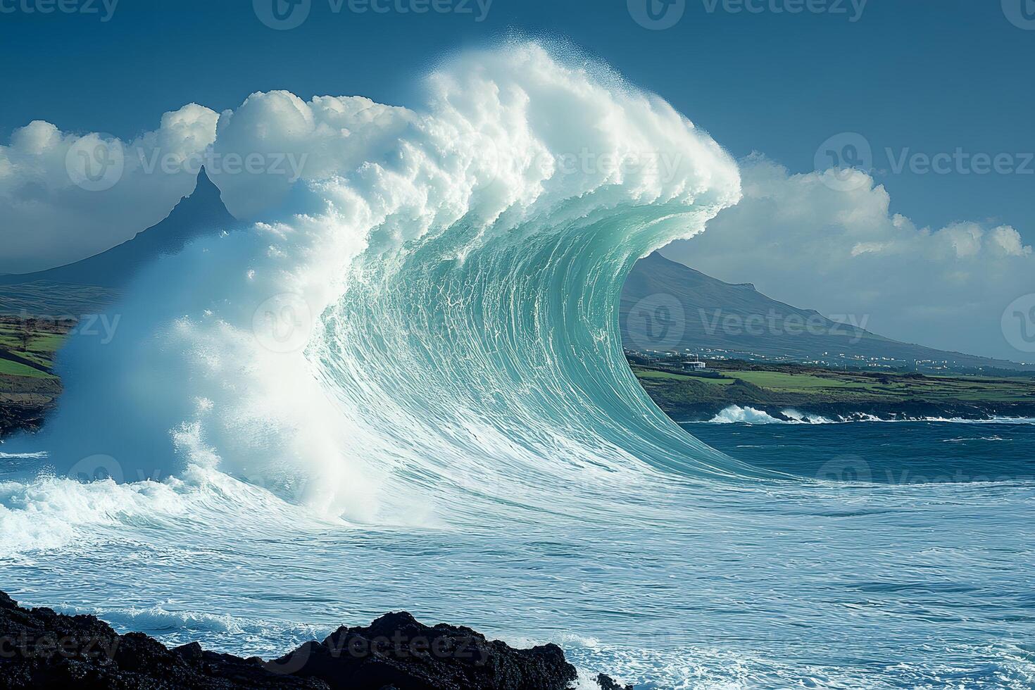 Majestic Ocean Wave Crashing Against Rocky Coastline with Mountain Backdrop photo