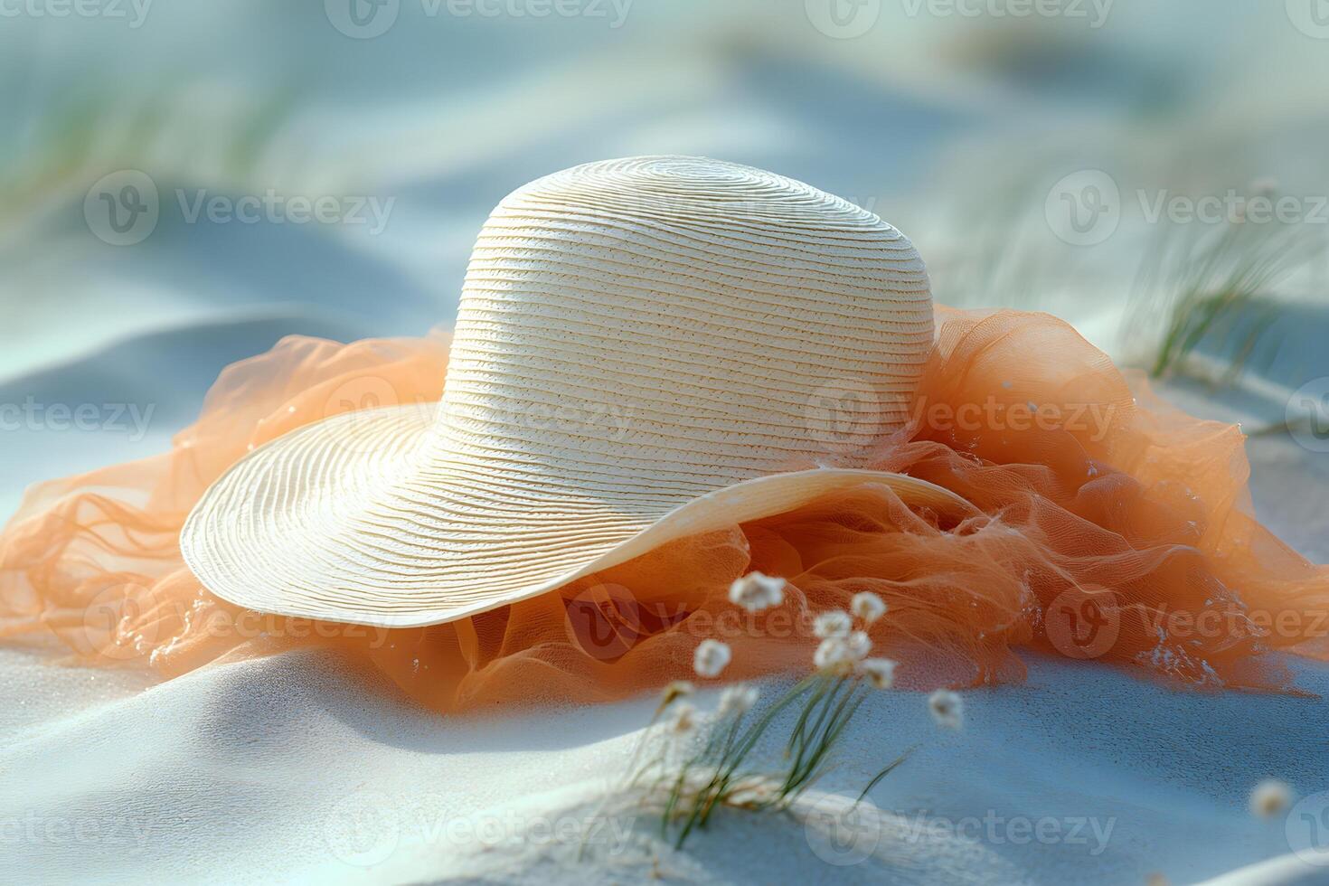 Tranquil Beach Setting with Elegant Summer Hat and Orange Scarf for Vacations photo