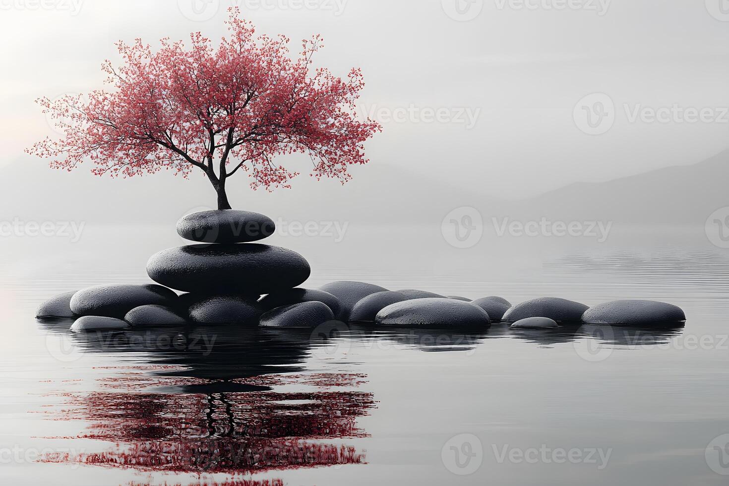 Zen Tranquility Red Blossom Tree on Zen Stones in Serene Waterscape photo