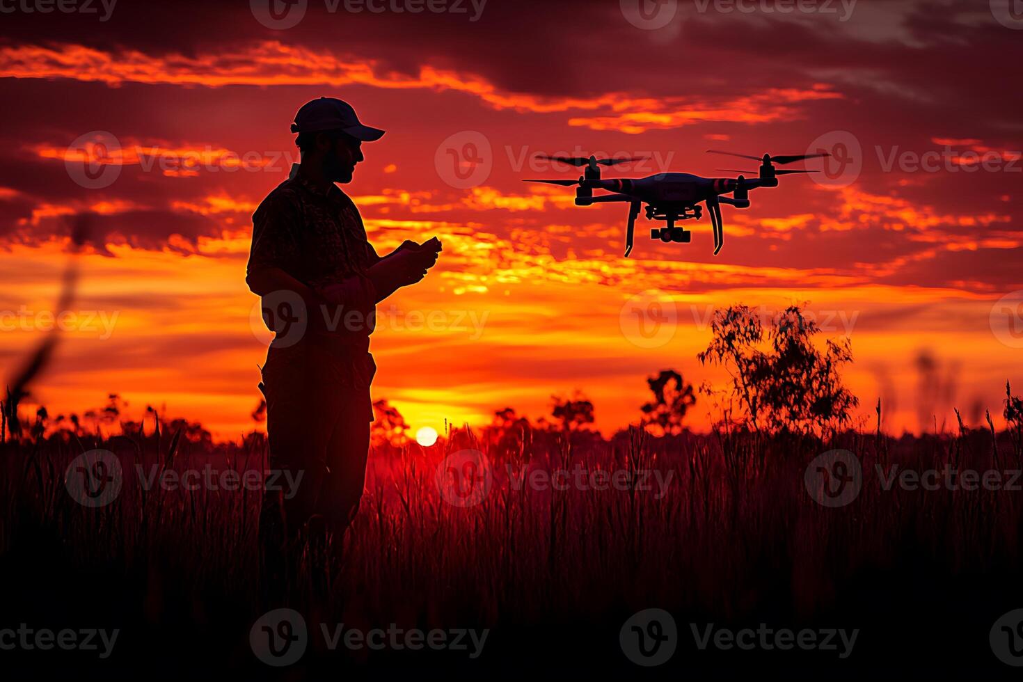 Drone Operation at Sunset with Silhouette in Vibrant Sky for Outdoor Adventure and Technology photo