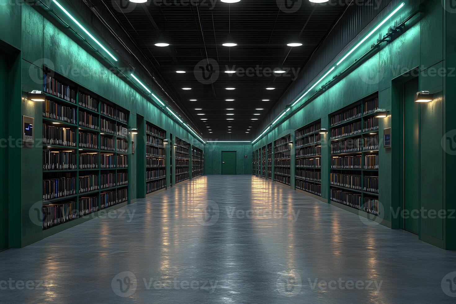 Modern Library Hallway with Illuminated Bookshelves for Educational Design photo