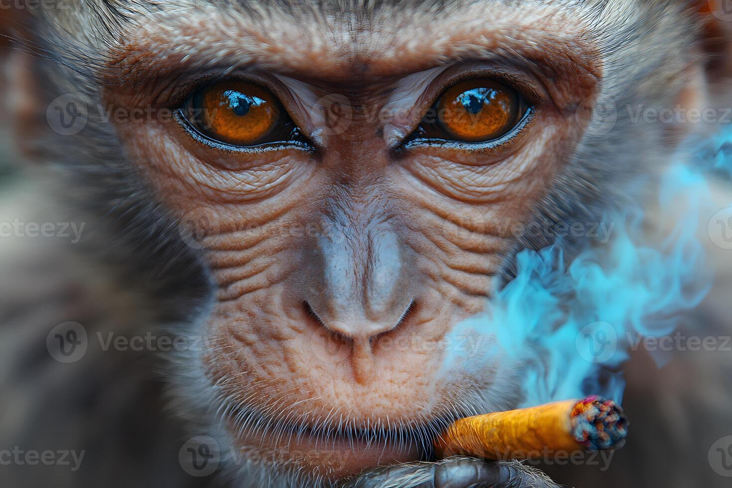 Close-up of a monkey smoking a cigarette. photo