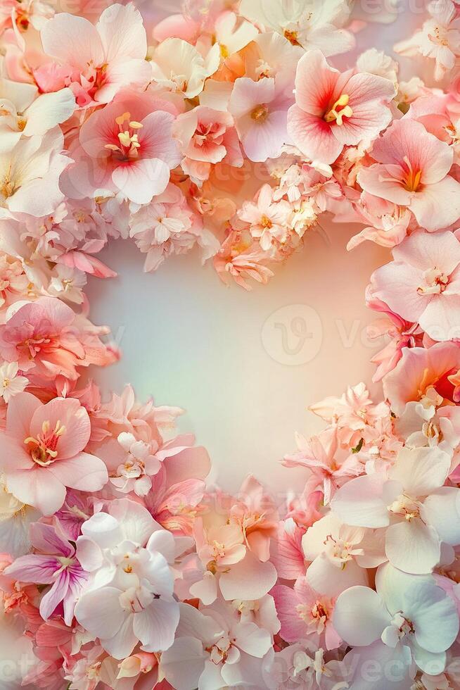 A heart-shaped arrangement of delicate pink, peach, and white flowers creates a beautiful frame on a soft blush and cream gradient background, inviting heartfelt messages and designs photo