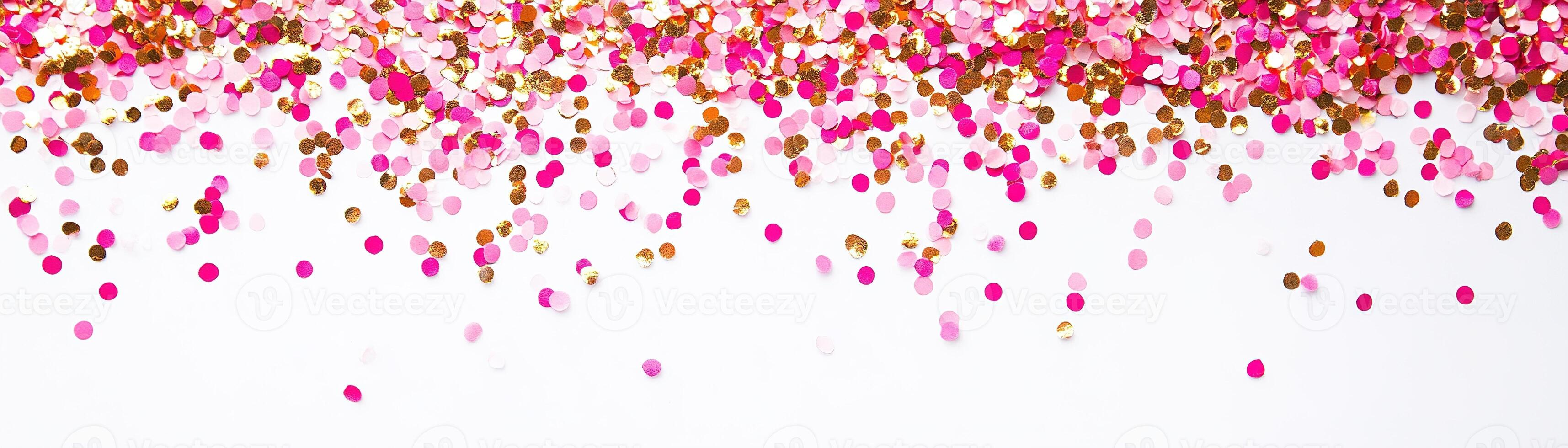 A vibrant display of pink and gold confetti scattered delightfully on a white surface. This playful backdrop creates a celebratory atmosphere ideal for party invitations or social media posts photo