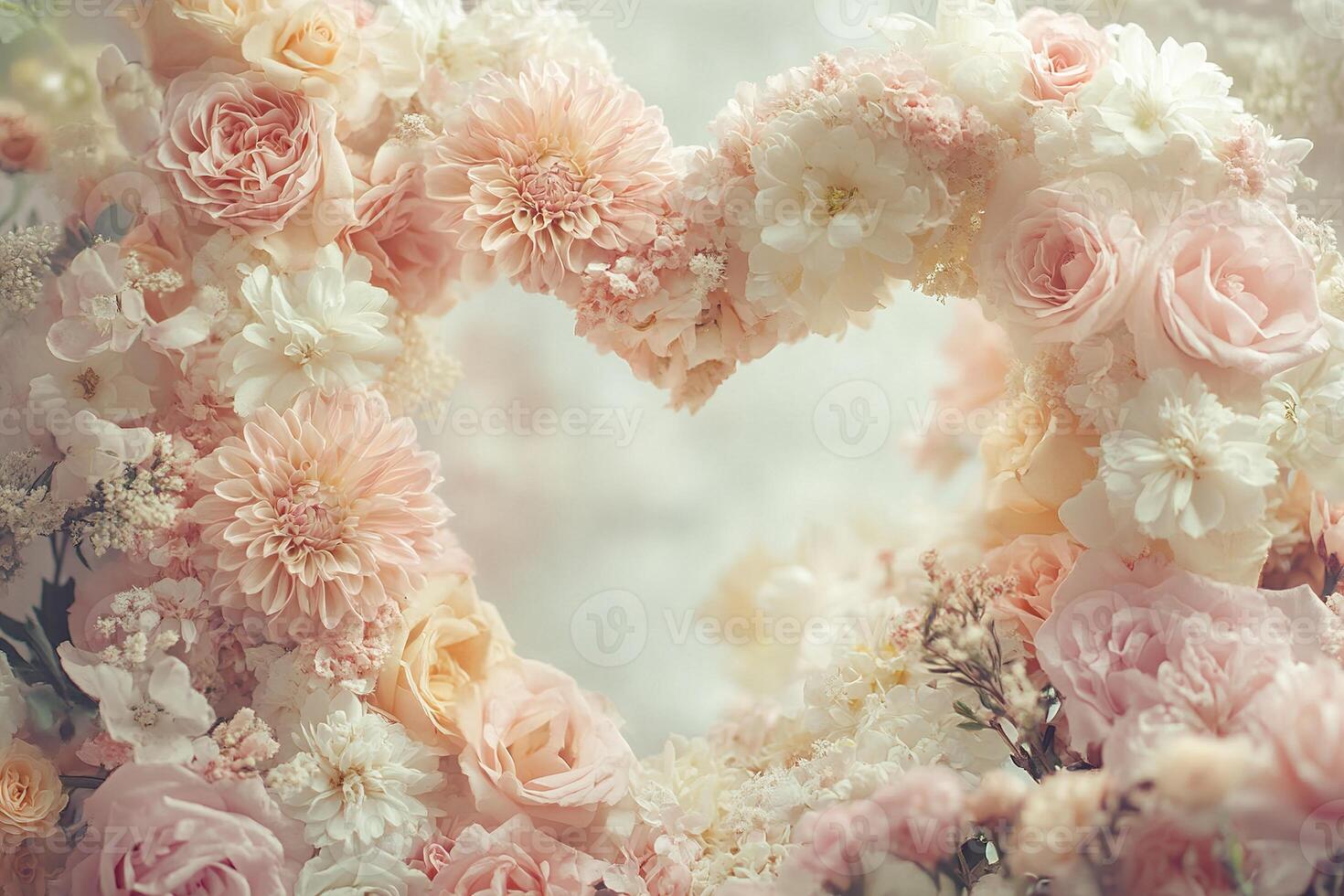 A beautiful heart-shaped floral frame showcases delicate pink, peach, and white flowers, creating an elegant and heartwarming display against a soft pastel background, perfect for text overlays photo