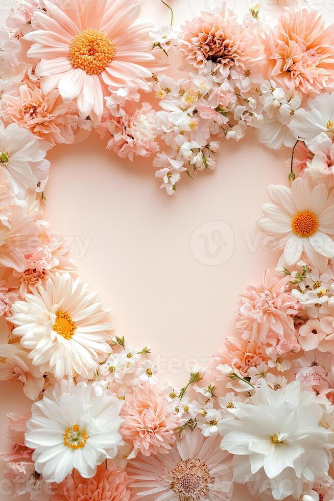 A heart-shaped floral frame filled with pink, peach, and white blooms creates a charming backdrop perfect for invitations, announcements, or romantic messages on a soft gradient background photo