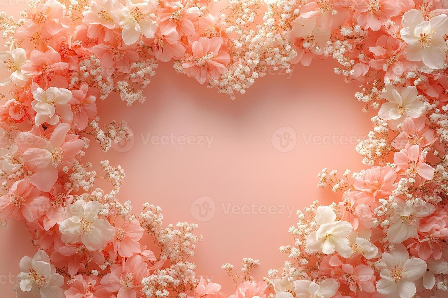 A heart-shaped arrangement of soft pink, peach, and white flowers creates a charming frame against a blush and cream gradient backdrop. Ideal for invitations or heartfelt messages photo