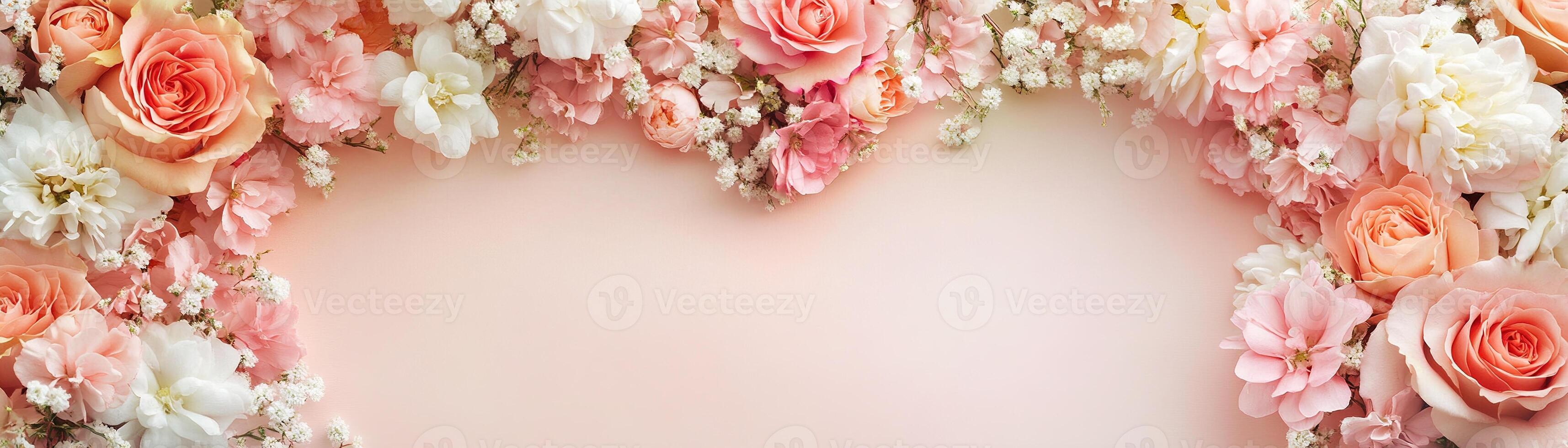 Delicate pink, peach, and white flowers form a heart-shaped floral frame, set against a subtle blush and cream gradient. Perfect for adding a warm message or sentiment in an elegant design photo
