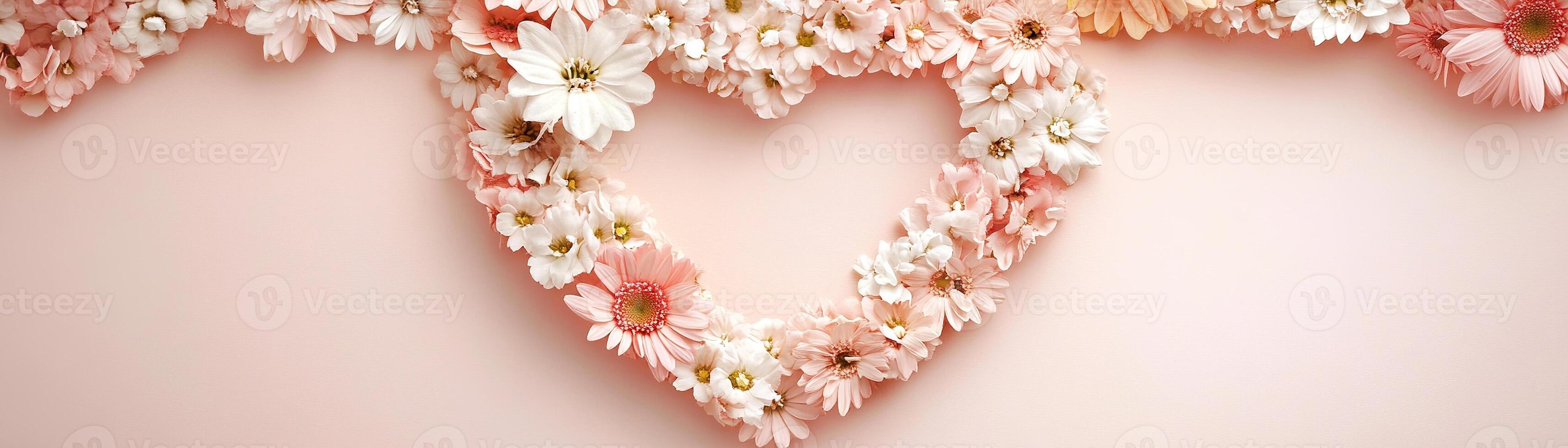 This heart-shaped floral frame showcases delicate pink, peach, and white flowers, set against a soft pastel gradient background, perfect for heartfelt messages and designs photo