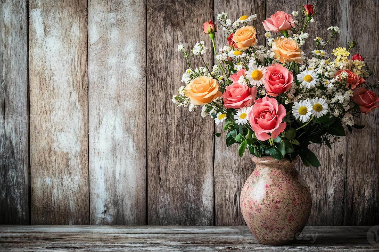 This cozy scene showcases a beautifully arranged vase filled with fresh roses and daisies resting on a rustic wooden table photo