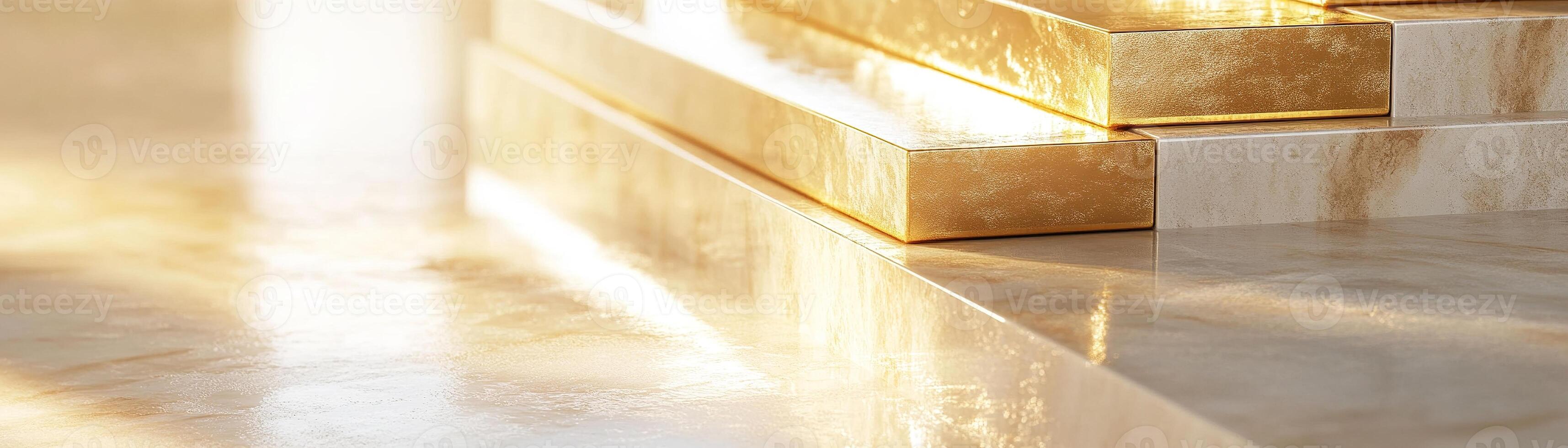 Elegantly arranged gold bars reflect soft light against a pristine marble surface, creating a luxurious ambiance with ample space for adding custom text, perfect for premium themes photo
