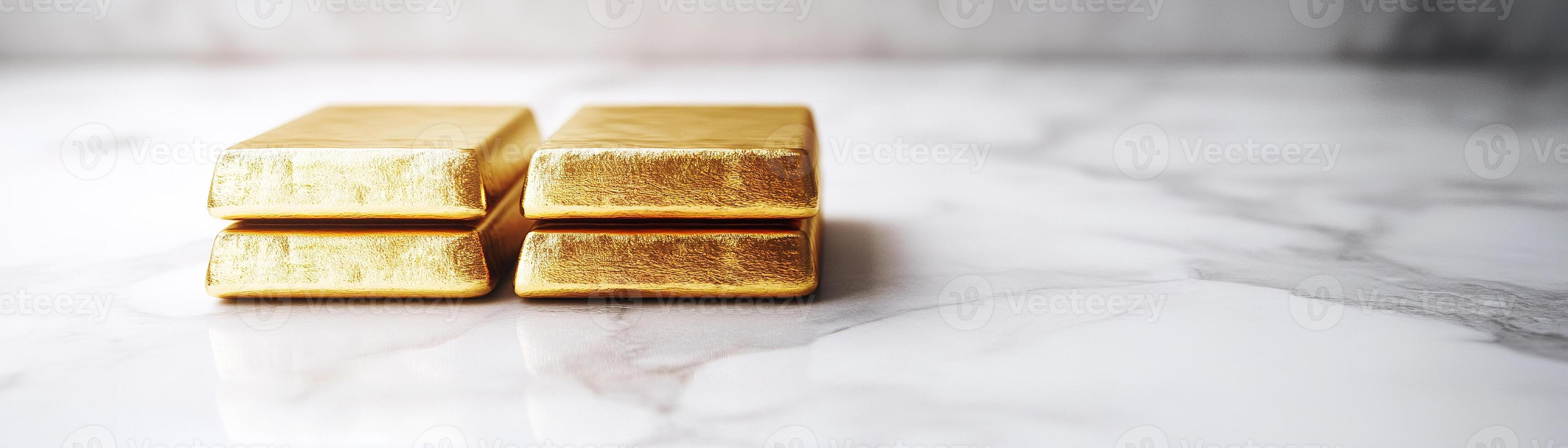 Neatly stacked gold bars shine on a polished white marble surface, reflecting soft light. The luxurious backdrop enhances the premium feel, offering ample space for text photo