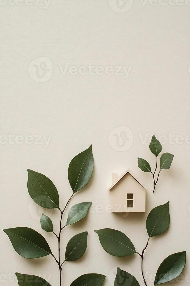 A calming composition displays a delicate green leaf pattern intertwined with a simplistic house icon, all set against a light beige backdrop, perfect for text overlays and conveying a fresh vibe photo