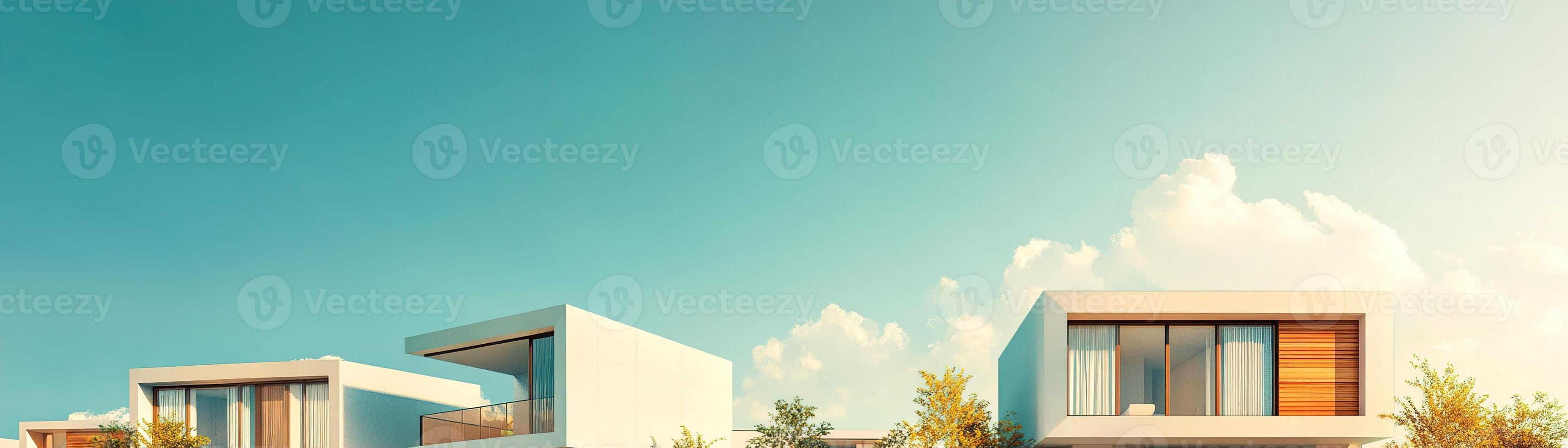 A modern residential community with sleek houses featuring minimalist designs. A large blue sky area presents perfect conditions for adding text, inviting potential buyers photo
