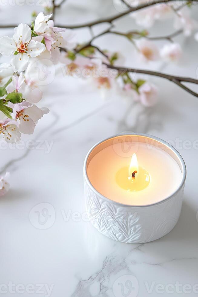 A serene backdrop for Mother's Day featuring a lit candle surrounded by blooming flowers on a polished marble surface. Ideal for creating a calming atmosphere and customizable text photo