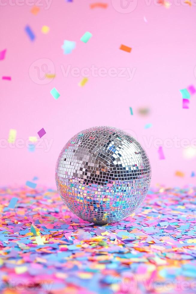 A shiny silver disco ball glimmers in the center, surrounded by vibrant confetti against a soft pastel gradient. Perfect for festive occasions and cheerful celebrations photo