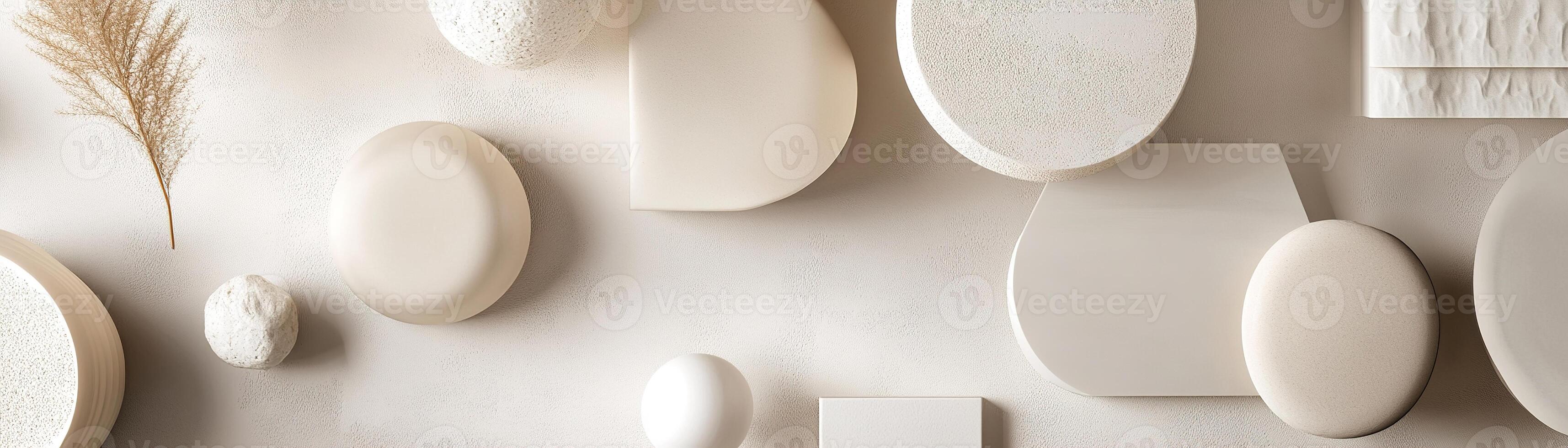 Soft white and beige geometric ceramic shapes are arranged on a neutral surface, creating a serene and contemporary backdrop that invites text overlay photo