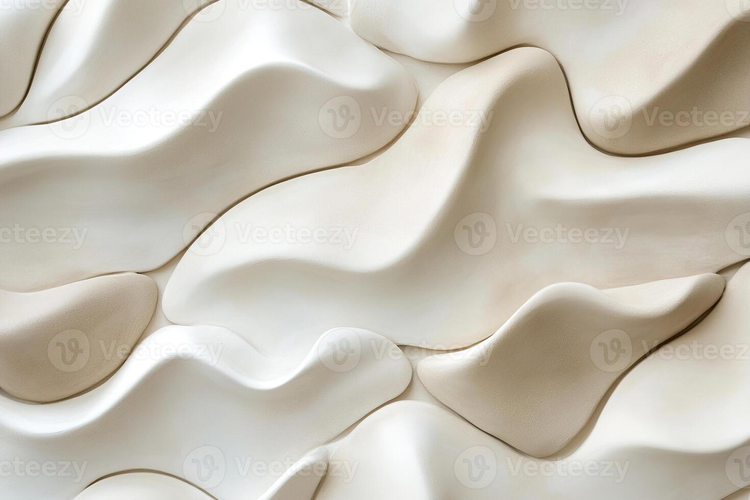 Soft, curved clay shapes in shades of white, beige, and taupe create a tranquil backdrop. Shadows add depth on a light surface, perfect for text overlay and artistic expressions photo