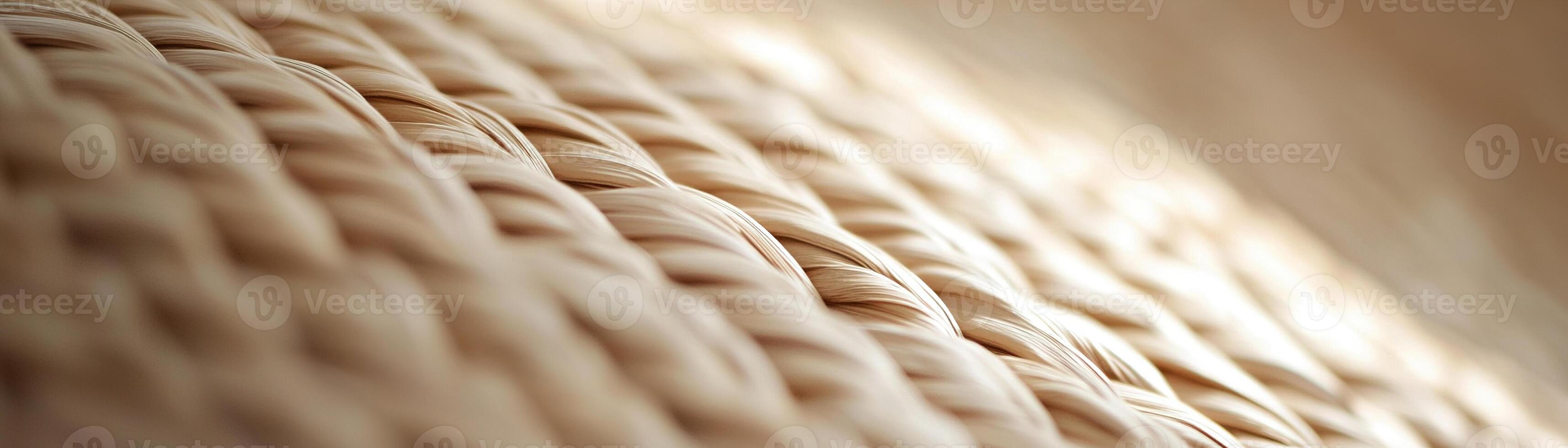 Close-up of a woven rattan texture exhibits light beige tones complemented by soft light reflections, perfect for creating a modern and stylish background for text and design elements photo