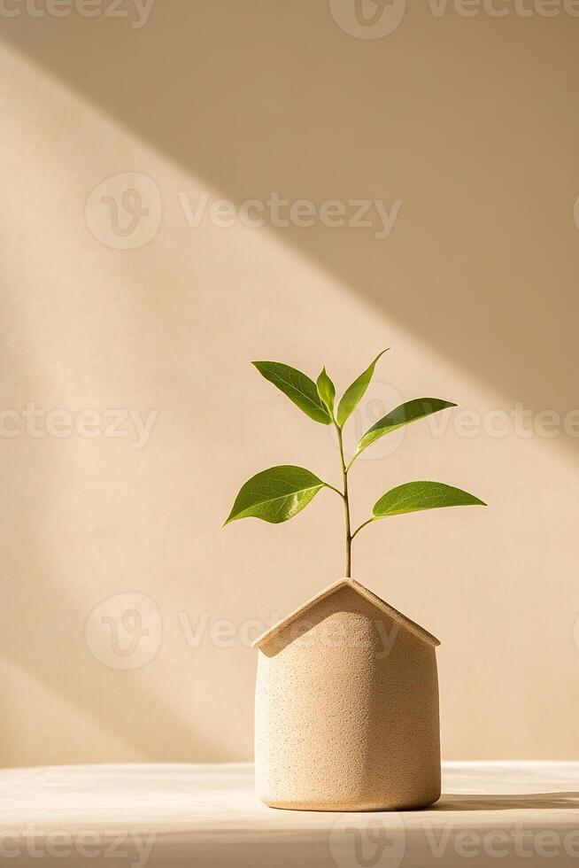 A small green plant emerges from a house-shaped pot, representing growth in real estate investment. Set against a calming beige backdrop, this composition inspires tranquility and potential photo