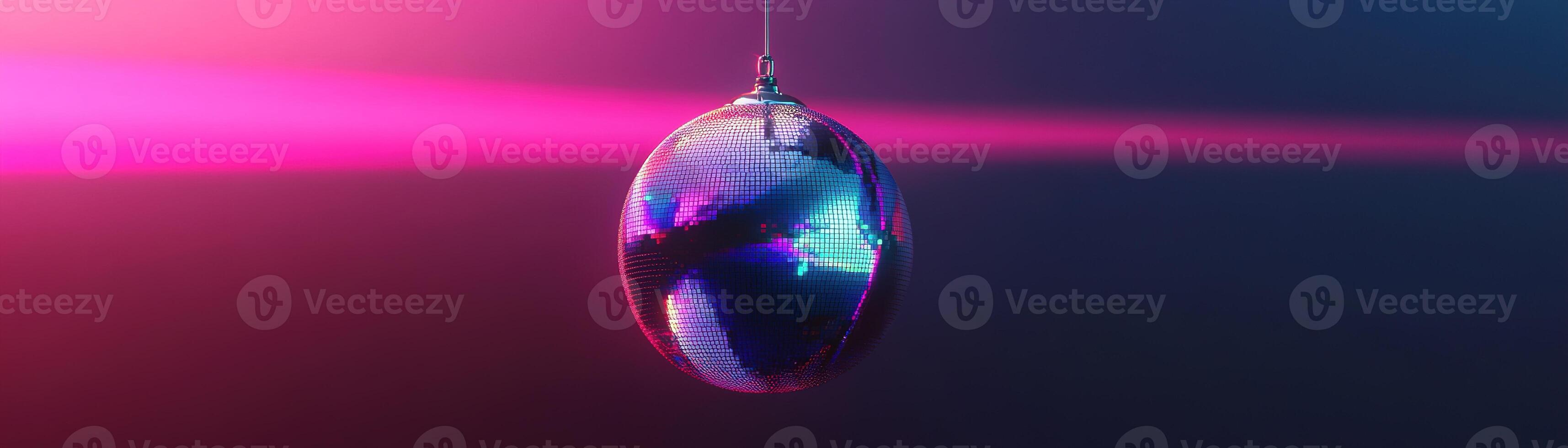 A shiny silver disco ball hangs at the center, casting colorful light beams in pink, purple, and blue against a dark gradient. Perfect backdrop for a modern party invitation photo