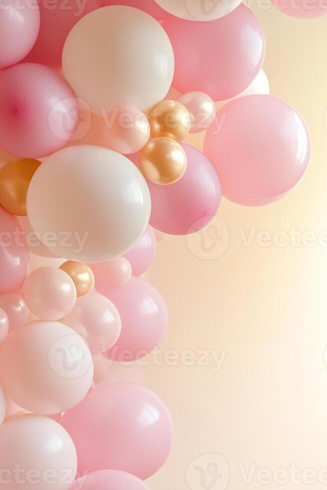 A delightful cluster of pastel pink balloons features subtle white and gold accents, perfect for adding charm to any celebration. This whimsical design invites creativity and joy photo